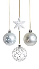 Three hanging Christmas ornaments, light gray/silver,  with a white star, suspended by light-beige strings against a pure white background.  Ornaments feature intricate designs