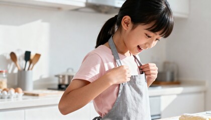 Asian girl tying apron before baking under bright soft light, neat side view, calm focused preparation