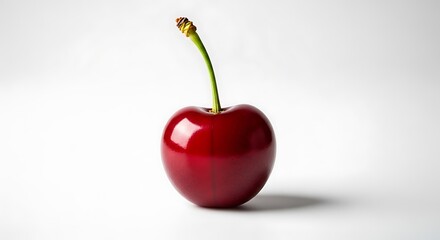 A single ripe cherry with a long green stem, isolated on a clean white background.