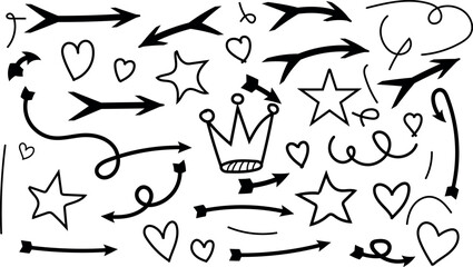 Hand Drawn Arrows Hearts Stars and Crown Doodle Vector Illustration