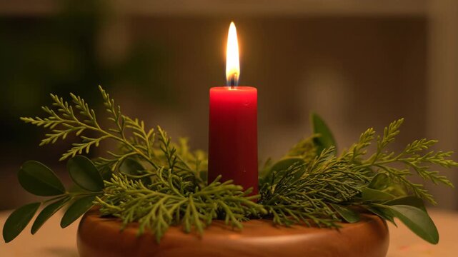 Red Candle with Greens - A red candle is lit and surrounded by greenery on a wooden base. The flame of the candle is tall and bright.