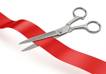 Scissors cutting a red ribbon on white background.