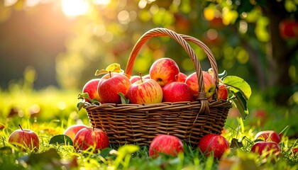 Wicker basket overflowing with red apples in a sunlit orchard
