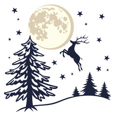 Naklejka premium Reindeer leaping past moon and pine trees vector graphic