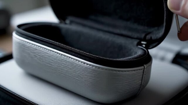 Silver Textured Case with Zipper - Close-up of a silver textured case with a black zipper being opened by a hand.