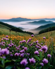 Obraz premium Serene Mountain Landscape with Wildflowers at Sunrise
