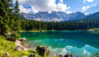 Serene alpine lake nestled amongst towering pines, reflecting a majestic mountain range