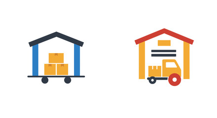 Simple vector graphic showing delivery truck and packages in stylized sheds