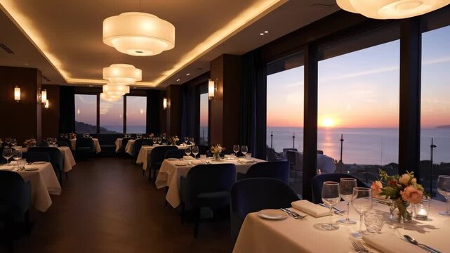 Upscale Restaurant with Ocean View at Sunset - This is a photograph of an empty upscale restaurant with tables set for dinner service.