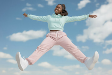 Young black woman joyfully jumping in the air, wearing casual clothes, celebrating freedom and happiness against a bright blue sky with scattered clouds