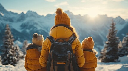 Mother and children admire snowy mountain sunrise on winter hike