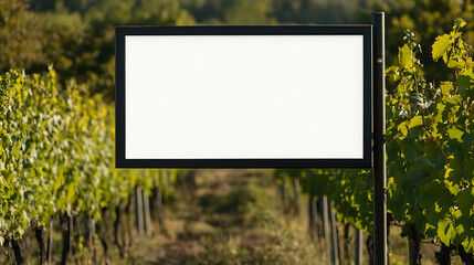 Blank sign in vineyard: A large, blank rectangular sign stands prominently in a verdant vineyard, offering space for a message or branding opportunity.