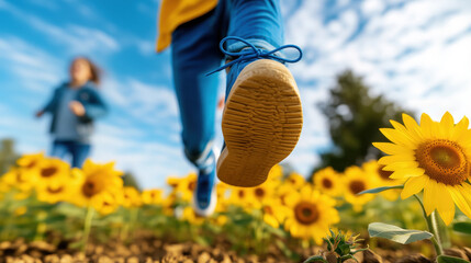 Two children sprinting through a sunlit sunflower field in summer, carefree and joyful under a bright blue sky, captured low angle to emphasize movement and vibrant color