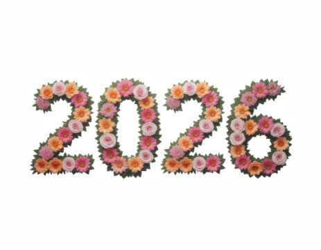 Floral number 2026 made of colorful blossoms and leaves  
