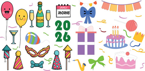 Colorful doodle party celebration elements with 2026 text, hand-drawn birthday cake, disco ball, fireworks, balloons, candy, and confetti for festive New Year and event design. Vector isolated set.