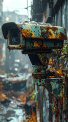 Rusty surveillance camera mounted on a weathered wall, overlooking a debris-filled alley