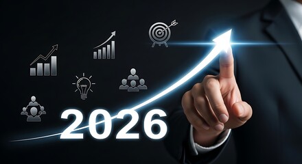 Businessman pointing to upward growth arrow and year 2026 with business icons