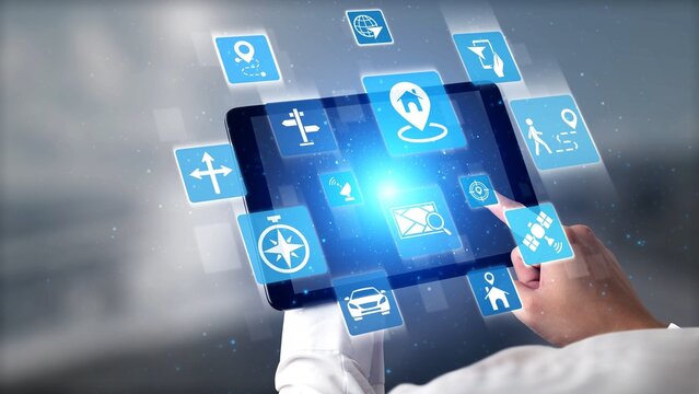 Fototapeta GPS icons show navigation, GPS tracking, and location. GPS supports real time maps, direction, and GPS navigation services for mobility and transport. Gist