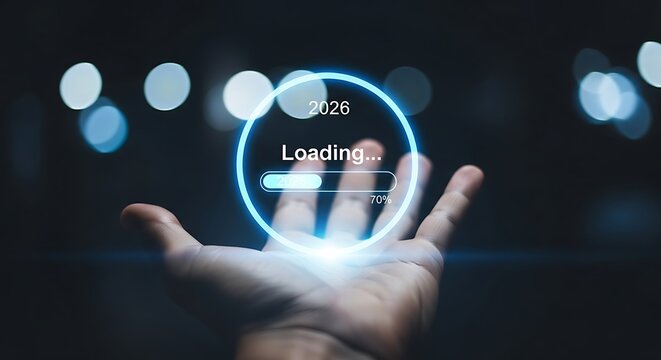 Human hand holding glowing digital loading circle with progress bar