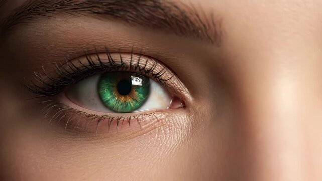 Emerald Eye Close-Up - A macro shot showcasing a striking emerald green human eye with visible eyelashes and eyebrow details. The video emphasizes the intricate patterns and colors within the iris.