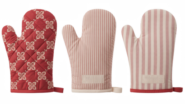 Set of three patterned red and pink oven mitts  
