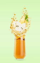 Cool pear beverage with fresh yellow pear slices, green leaves liquid splash swirls of juice in glass, green background. Ideal for harvest-themed ads, natural energy drink marketing, design, poster.