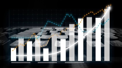 Data visualization of financial growth with bar graphs and line charts on a blurred calculator background representing analysis and metrics Copula