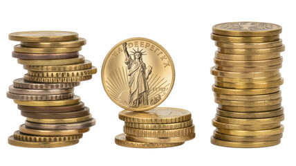 Stacks of shiny golden coins arranged in different piles  
