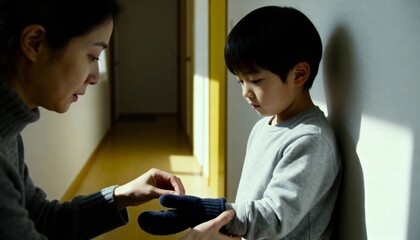 asian mom helping child with mittens, gentle side framing, soft morning shadows, calm caring mood