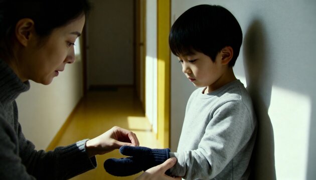 asian mom helping child with mittens, gentle side framing, soft morning shadows, calm caring mood