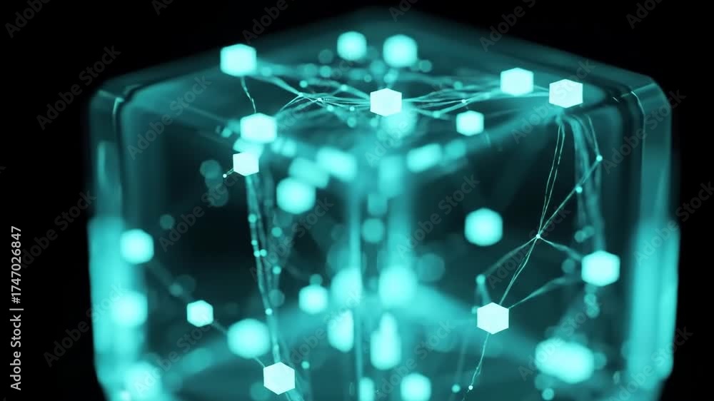 Wall mural abstract blue cube with internal hexagonal network on black background