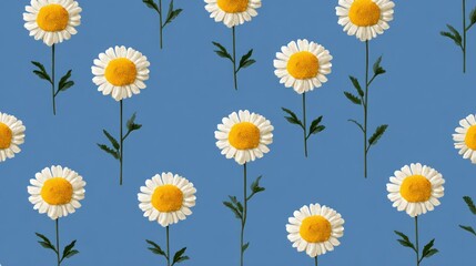 Repeating white and yellow daisies on a blue background