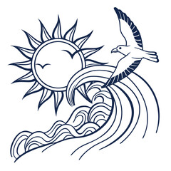 Sun waves and seagull graphic icon ocean