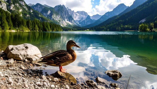 A serene lake scene with a duck.  Mountain backdrop