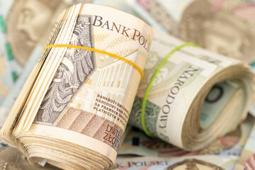  money. Large stacks of 100, 200, and 500 zloty banknotes. Polish finances. Business background, economic concept.  Cash payment. Withdrawing money from a bank. Physical currency