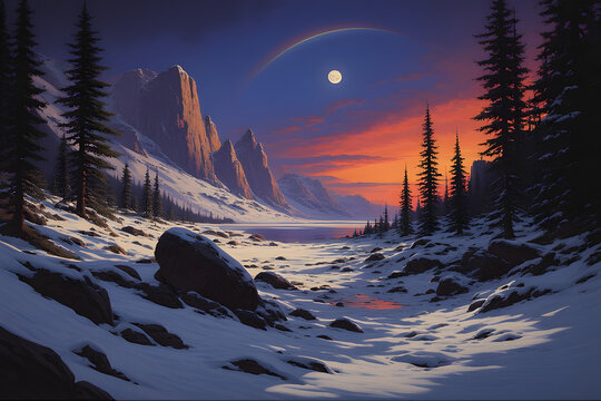 A Digital painted of an Iceland with a rainbow and a moon in the sky 
