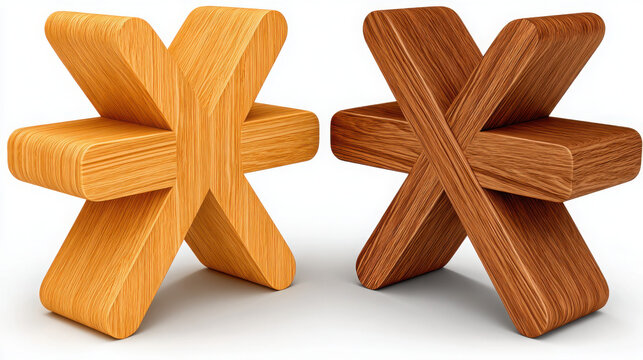 Pair of wooden asterisk-shaped sculptures in light and dark wood tones placed against a white background. - Powered by Adobe