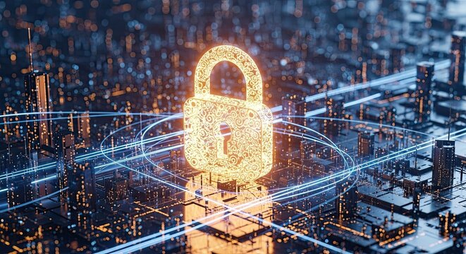 Protect your data with a stunning digital padlock over a glowing city