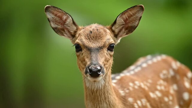 Portrait of a Young Fawn - A close up portrait shows the face of a young deer fawn with white spots on its back. The fawn is facing forward with a soft green background.