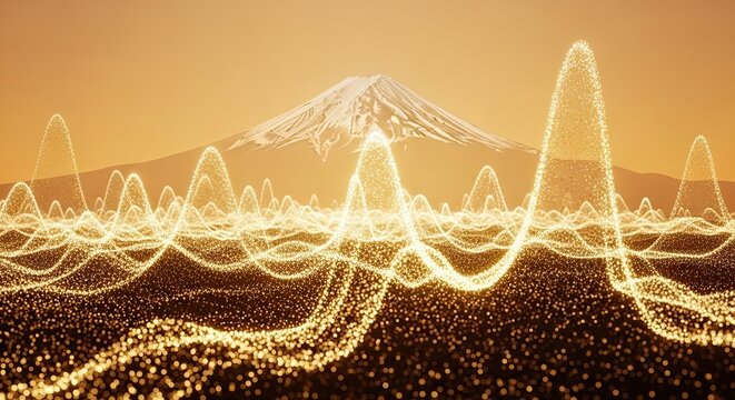 Abstract landscape with glowing data waves and snowy peak offers a