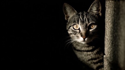 Curious cat peeking from behind a wall