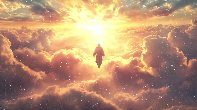 God-Like Figure Floating Above The Clouds Looking Over A Heavenly Sunrise