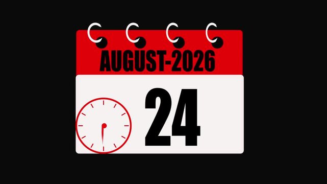 August 24 2026 Calendar Page With Clock And Spiral Binding On Black Background date 4k video .