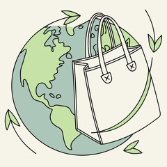 White reusable shopping bag on a simplified globe earth