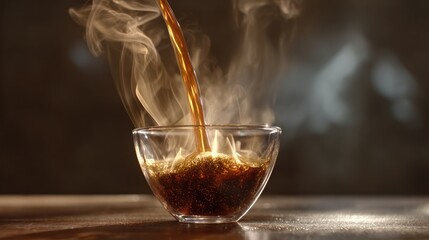 Hot coffee pouring into a transparent bowl with steam