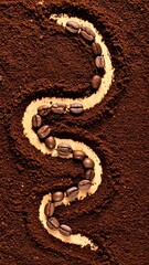 Coffee beans arranged in a winding serpentine pattern on a bed of ground coffee