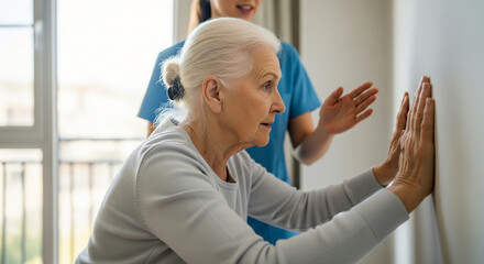 A focused senior woman performs wall push-up exercises with the supportive guidance of her female physiotherapist during a session at home
