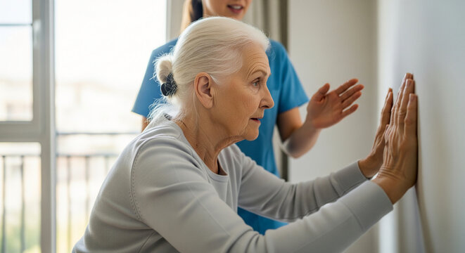 A focused senior woman performs wall push-up exercises with the supportive guidance of her female physiotherapist during a session at home