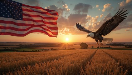 american eagle flying in the sunset and the american flag
