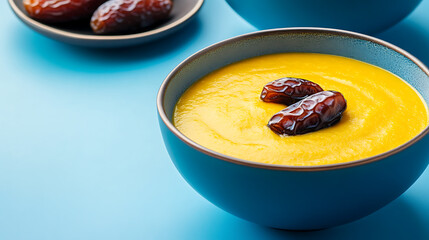 Bright yellow soup in a blue bowl topped with dates, set against a vibrant blue backdrop. A second bowl with dates in the background adds depth.